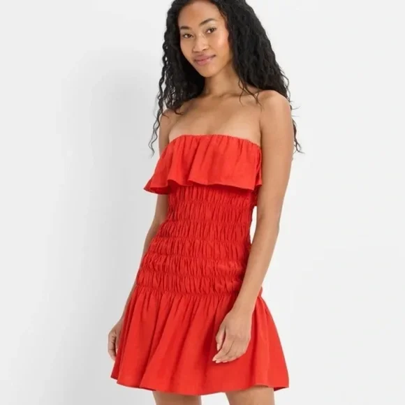 Future Collective Drop Waist Ruffle Mini A-Line Dress in Red Women's Size S - Picture 3 of 8